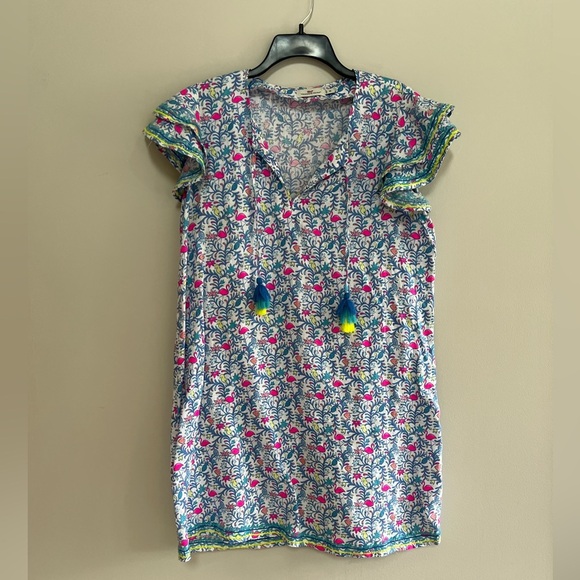 Vineyard Vines Floral Floral Flamingos 100% Linen Tassel Tunic Dress, size M - Picture 1 of 11